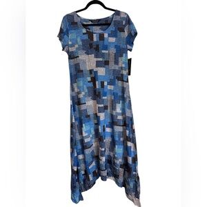 Tango Mango Geometric MIDI Dress Assorted Blues Size Medium NWTS Short Sleeve
